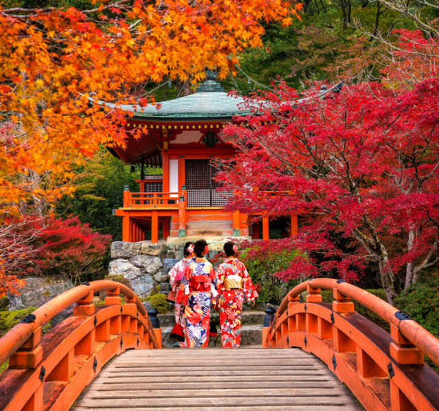 Young women wearing traditional Japanese Yukata at Daigo-ji temple